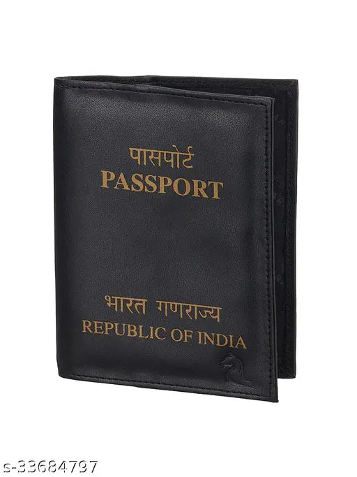 Black PU leather travel organizer with passport holder, ideal for men and women, solid design, free size (10x14cm), India-made