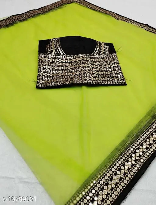 Indian mirror lace net embroidery work saree, free size traditional women's attire