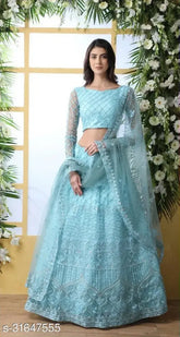 Embroidered mulmul lehenga choli and net dupatta set, semi-stitched, country of origin: India