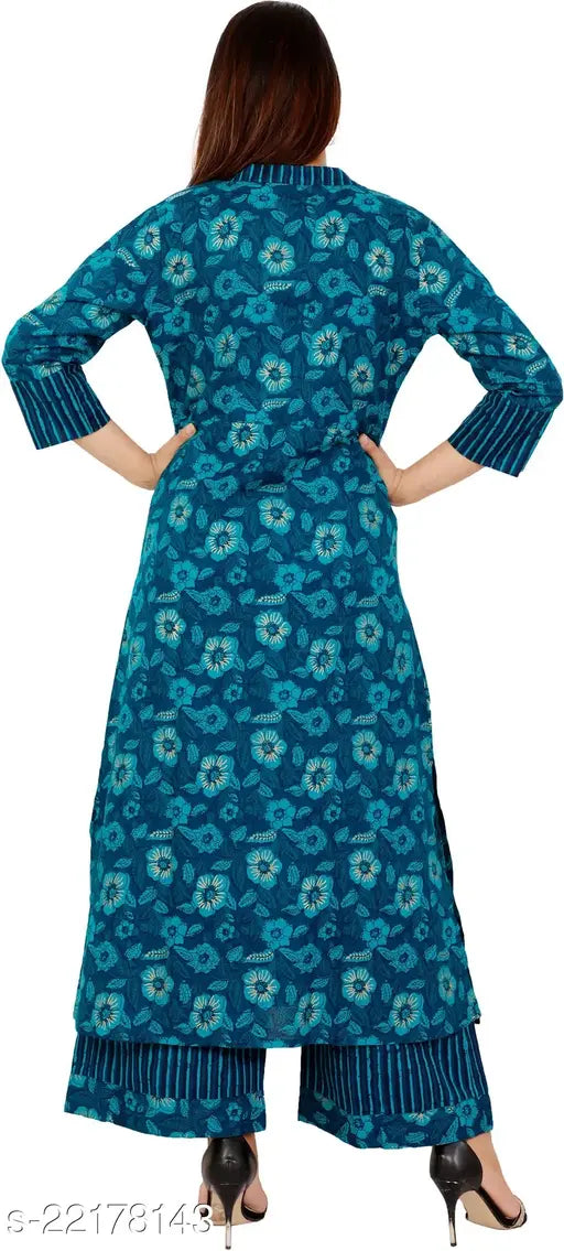 Cotton Kurta & Palazzo Set - Printed Net, Three-Quarter Sleeves, India-Origin
