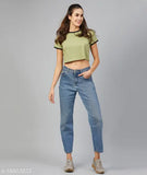 Mint green cotton short-sleeved t-shirt for women, solid design by CHIMPAAANZEE, M size with 38 inch bust