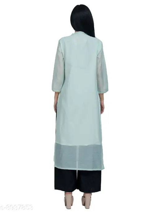 Blue A-line Chanderi silk kurti, embroidered floral pattern on three-quarter sleeves. Women's traditional Indian clothing
