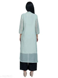 Blue A-line Chanderi silk kurti, embroidered floral pattern on three-quarter sleeves. Women's traditional Indian clothing