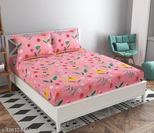 Shravya Premium King Size 2 Cotton Blend Fitted Bed Sheet with 4 Pillow Covers, soft touch glace cotton, floral print, ideal for adult use in summer