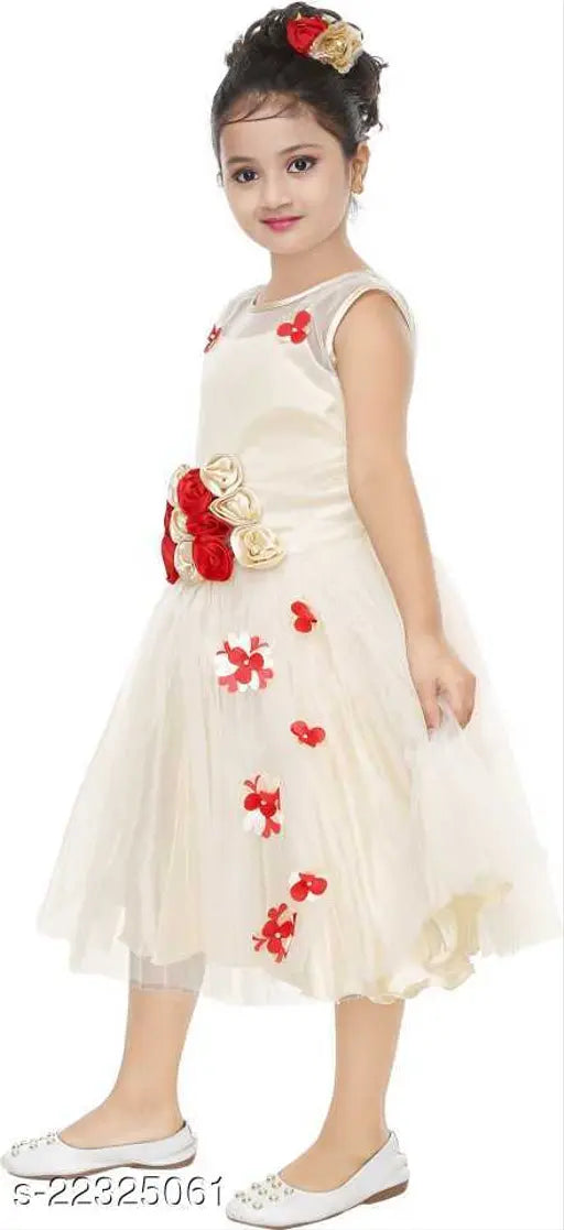 Red net sleeveless flower frock, self-design, suitable for 2-3 years to 12-13 years old children. Origin: India