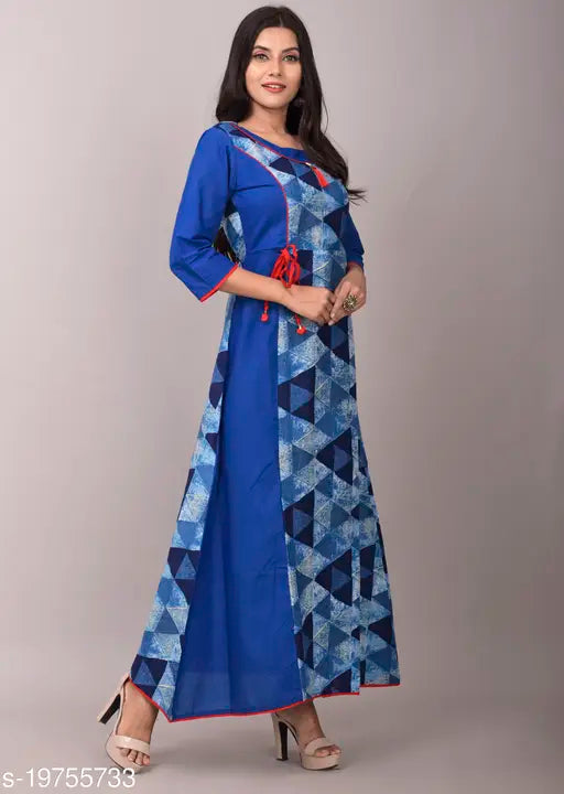 Stylish women's three-quarter sleeve printed cotton kurti, vibrant Indian print design on natural fabric