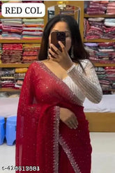 White Georgette blouse with diamond hot fix and heavy sequence pattern, Bollywood-inspired, free size, 5.3m length