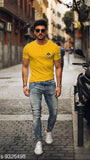 Trendy yellow cotton army patch t-shirt, printed net design, short sleeves, India origin