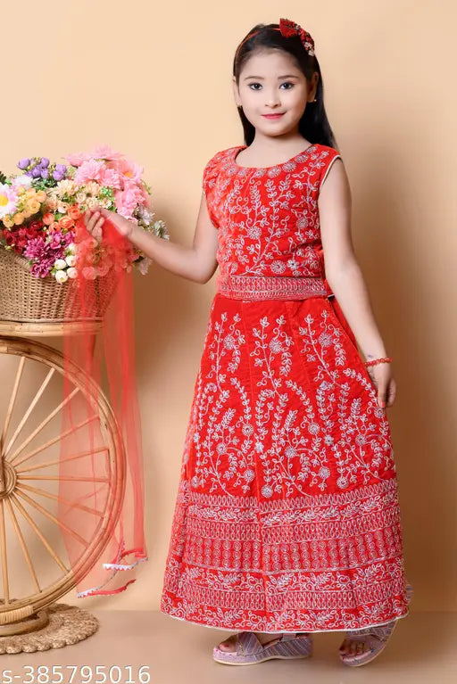 Embroidered velvet lehenga choli set with net dupatta, long sleeves, self-design, unstitched. Indian traditional wear for girls aged 3-16 years