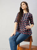 WineRed women's cotton three-quarter sleeve blue floral print yoke lace top, perfect for casual or formal occasions, paired with jeans, skirts, or trousers