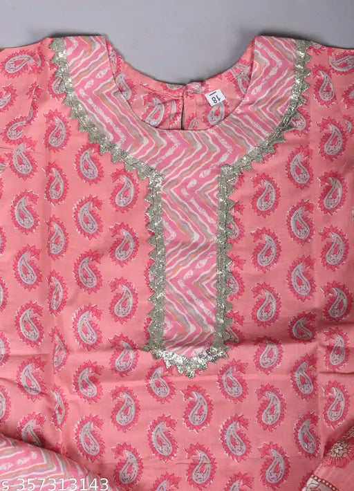 Pure cotton pink floral printed kurti pajami set with dupatta for kids girls, featuring sharara bottom and three-quarter sleeves