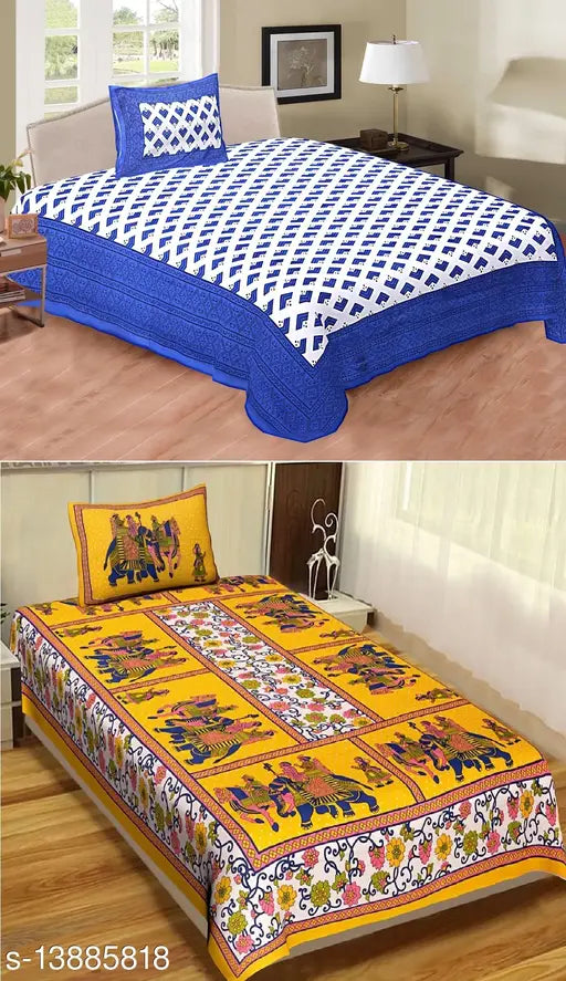 Cotton printed single bed sheet set, 60 x 90 size with 2 pillow covers, 144 thread count, from India