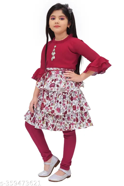 Cotton blend party frock for girls, printed net pattern, three-quarter sleeves - festive wear from India (2-3 Years, Bust Size 23 in)