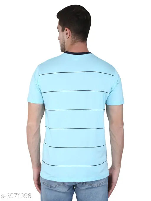 Round neck striped cotton t-shirt for men, short sleeves, printed pattern, size S (38in chest, 26.5in length), made in India