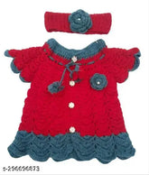 Hand knitted red and grey woolen winter sweater for girls, self-design pattern with short sleeves