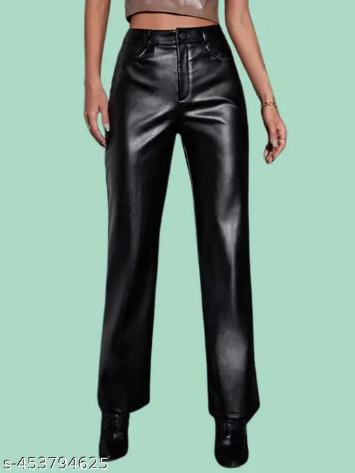 Black polyester regular fit women's trousers by Tandul, solid pattern, various sizes available