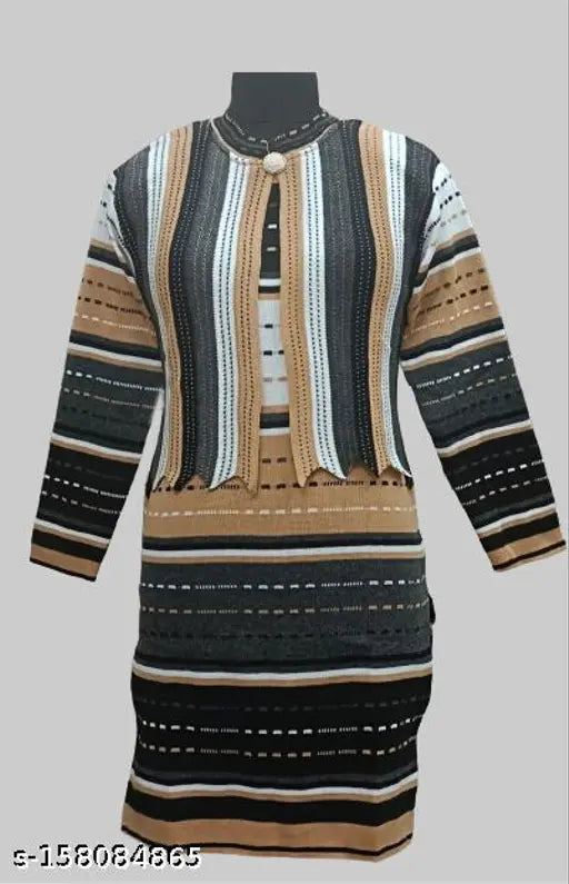 Striped woolen kurti for women, long sleeve, winter fashion, free size (Bust 18in, Length 38in) - India-made