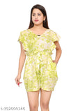 Light green cotton slub jumpsuit with V-neck, short sleeves, side pockets, and elastic waist with belt - Ladik Way women's fashion jumpsuit for casual chic, summer vibes, or elegant evenings