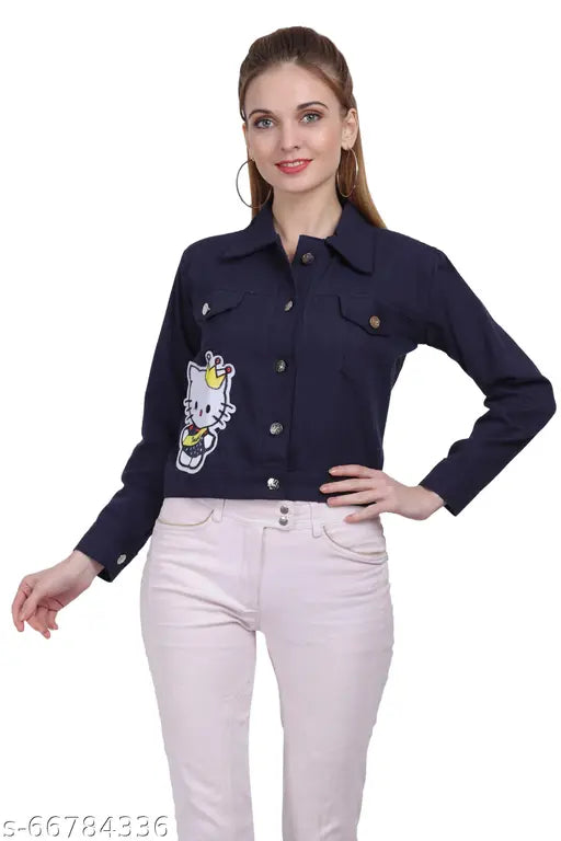 Retro denim cotton blend women's coat with kitty patch, vibrant color and vintage style