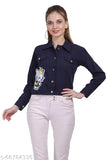 Retro denim cotton blend women's coat with kitty patch, vibrant color and vintage style