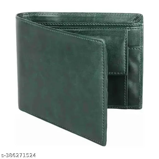 Green two-fold faux leather wallet for men, featuring 5 card slots and solid design. Durable, elegant, and a perfect gift option with multiple compartments, including secret pockets. Crafted in premium quality material, originating from India