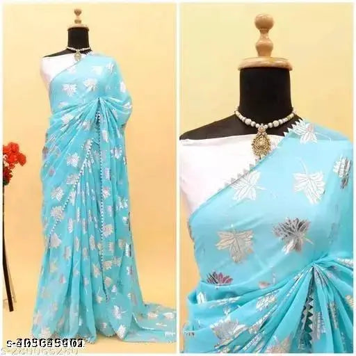 Poly Georgette sky color foil flower print saree with solid net blouse, Indian traditional wear