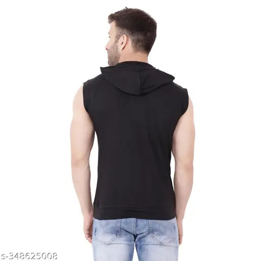Black cotton blend sleeveless hooded t-shirt by Blisstone, ideal for casual outfits