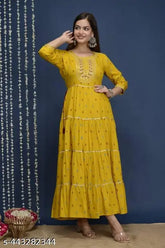 Rayon embroidery gown with zari woven pattern, trending fashion for women in various sizes from S to XXXL. Made in India