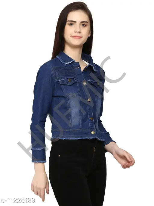 Distressed denim jacket, long sleeves, dyed/washed - vintage style clothing on hanger