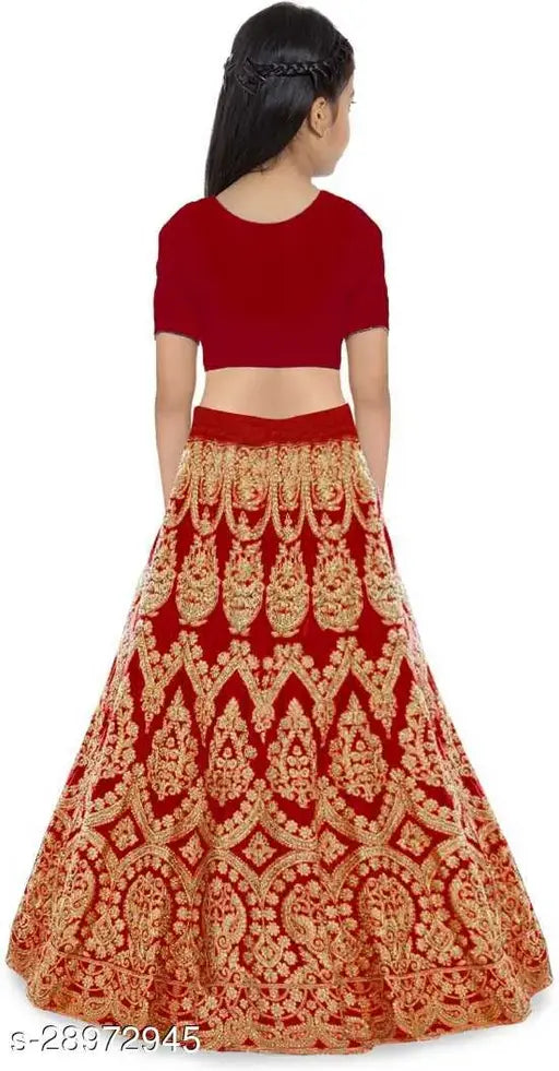 Embroidered satin lehenga choli for girls (4-15 years), net dupatta with short sleeves, Indian semi-stitched clothing