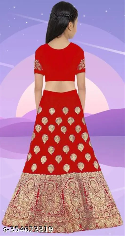 Red stylish silk readymade lehenga choli & dupatta set for kids, featuring taffeta silk fabric with embroidered patterns, short sleeves, and semi-stitched net construction. Available in sizes 4-15 years. Traditional Indian outfit for festivals or celebrations
