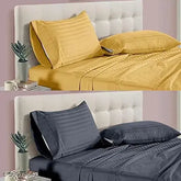 Yellow and Grey AKIN 220 TC Glace Cotton Striped Bedsheets & Pillow Covers, double king size for home, hotels, guest house