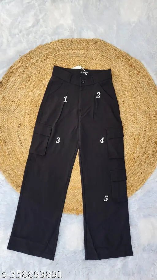 Black cotton blend Korean-inspired high-waist, wide-leg cargo pants with five pockets, featuring a breathable and ironless fabric. Solid black design for daily wear, true to size and length between 40-41