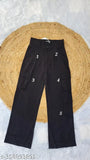 Black cotton blend Korean-inspired high-waist, wide-leg cargo pants with five pockets, featuring a breathable and ironless fabric. Solid black design for daily wear, true to size and length between 40-41