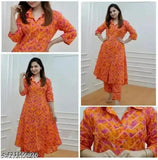 Orange rayon Anarkali A-line printed kurta set with matching pants for women, three-quarter sleeves