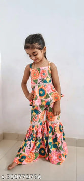 Sleeveless rayon-top, cotton-lehenga girls sarara dress. Versatile festive wear for kids, suitable for weddings, parties, and more." (104 characters)