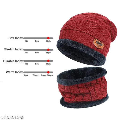 Maroon woolen beanie cap & neck warmer set. Textured, snow-proof, soft fur, unisex winter accessory. Indian origin
