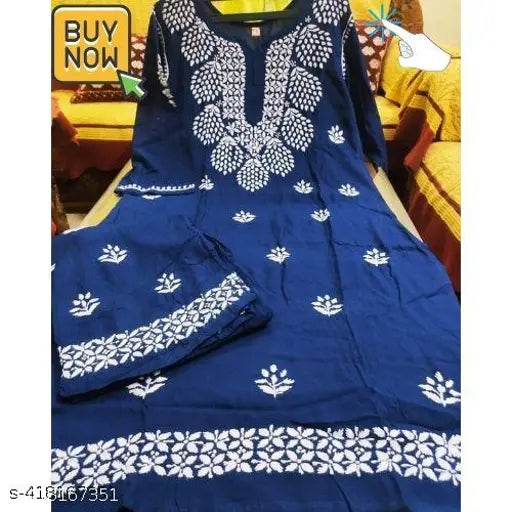 Chikankari rayon kurta with palazzo set, printed net three-quarter sleeves Indian ethnic wear