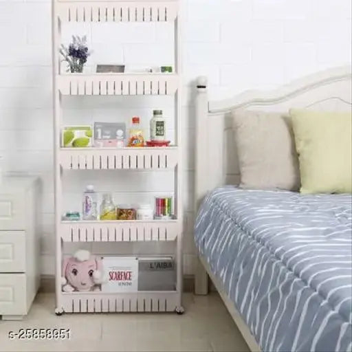 White plastic 5-tier slim kitchen trolley organizer with wheels, ideal for pantry or closet storage