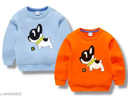 Cotton blend kids sweatshirt combo, sky rust colors with printed net dog design. Quality guaranteed, breathable and trendy for boys and girls aged 18 months to 8 years