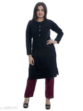Black wool women's straight kurti, long sleeves, single size M (bust size: 38in), solid design from India