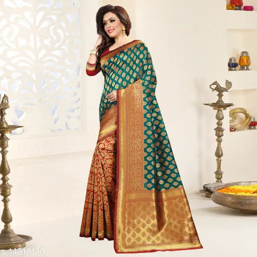 Attractive, beautiful Banarasi silk saree with zari woven border & unstitched blouse, free size, double-sided border, self-design pattern, trendy soft cotton blend fabric