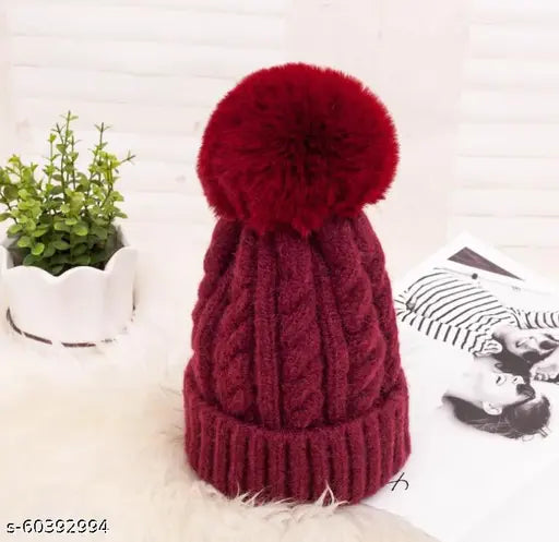 Woolen colorblocked beanie cap & scarf set (warm winter ball cap with inside fur, black acrylic). Suitable for women/girls/ladies