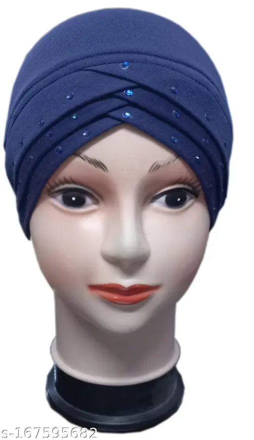 Blue criss cross skull cap, pure cotton hijab for women's party wear, embellished design from Envius-Turban, India