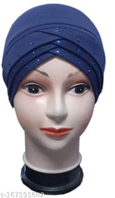 Blue criss cross skull cap, pure cotton hijab for women's party wear, embellished design from Envius-Turban, India