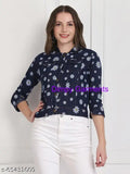 Dark blue floral printed denim jacket, three-quarter sleeves by Dimpy Garments for women's size S (36in bust, 19in length)