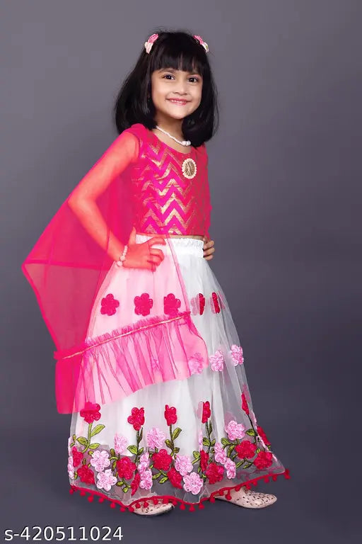 Taffeta silk v-neck pink lehenga choli set for kids, embroidered with ribbon work, ready for princess wardrobe upgrade