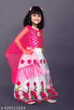 Taffeta silk v-neck pink lehenga choli set for kids, embroidered with ribbon work, ready for princess wardrobe upgrade