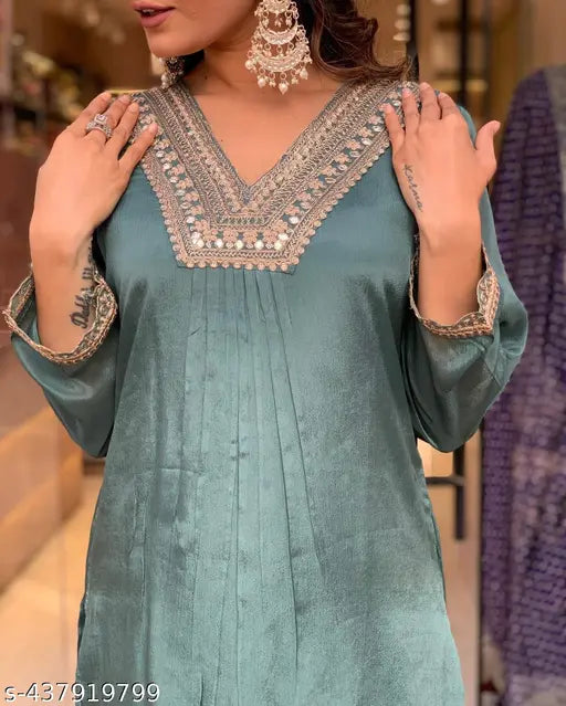 New designer Chinon silk top palazzo with dupatta and bottomwear, embroidered three-quarter sleeve silks, Indian origin