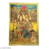 Gold-plated Shiva Parivar poster, 24k Indian art for home office worship space, 30x21cm size